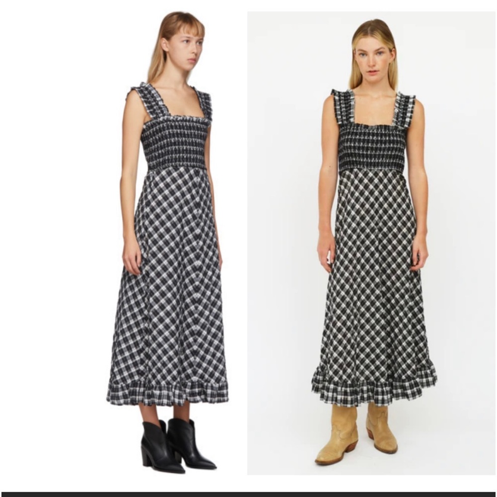 Ganni Dress Seersucker Maxi Plaid Gingham Smocked Check White Cotton Black 38